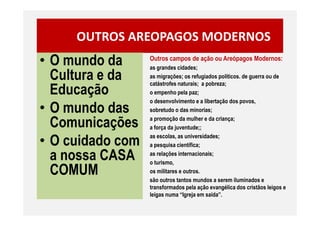 OUTROS AREOPAGOS MODERNOS
• O mundo da
Cultura e da
Educação
• O mundo das
Outros campos de ação ou Areópagos Modernos:
as grandes cidades;
as migrações; os refugiados políticos. de guerra ou de
catástrofes naturais; a pobreza;
o empenho pela paz;
o desenvolvimento e a libertação dos povos,
sobretudo o das minorias;• O mundo das
Comunicações
• O cuidado com
a nossa CASA
COMUM
sobretudo o das minorias;
a promoção da mulher e da criança;
a força da juventude;;
as escolas, as universidades;
a pesquisa científica;
as relações internacionais;
o turismo,
os militares e outros.
são outros tantos mundos a serem iluminados e
transformados pela ação evangélica dos cristãos leigos e
leigas numa “Igreja em saída”.
 