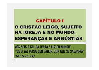 CAPÍTULO I
O CRISTÃO LEIGO, SUJEITO
NA IGREJA E NO MUNDO:
VÓS SOIS O SAL DA TERRA E LUZ DO MUNDO” .
“SE O SAL PERDE SEU SABOR, COM QUE SE SALGARÁ?”
(MT 5,13-14)
,
NA IGREJA E NO MUNDO:
ESPERANÇAS E ANGÚSTIAS
 