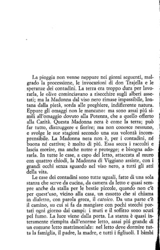 La pioggia non venne neppure nei giorni seguenti, malgrado la processione, le invocazioni di don Trajella e le
speranze dei contadiní. La tetra era troppo dura per lavorarla, le olive cominciavano a risecchire sugli alberi assetati; ma la Madonna dal viso nero rimase ímpassibile, lontana dalla pieta, sorda alle preghiere, indi.fferente natura.
Eppure gli omaggi non le mancano: ma sano assai piú similí all'omaggio dovuto alla Potenza, che a quello offerto
alla Carita. Questa Madonna nera e come la terra; puo :i
far tutto, distruggere e fiorire; ma non conosce nessuno, . l
e svolge le sue stagioni secando una sua volanta incom- J
prensibile. La Madonna neta non e, per i contadini, r.é .~
buena né cattiva; e molto di piú. Essa secca i raccolti e
lascia morire, ma anche nutre e protegge; e bisogna adorarla. In tutte le case, a capo del letto, attaccata al muro
con quattro chiodi, la Madonna di Viggiano assiste, con i
grandi occhi senza sguardo nel viso nero, a tutti gli atti
della vita.
·
Le case dei contadini sono tutte uguali, fatte di una sola
stanza che serve da cucina, da camera da letto e quasi sempre anche da stalla per le bestie piccole, quando non c'e
per quest'uso, vicino alla casa, un casotto che si chiama
in dialetto, con parola greca, il catoico. Da una parte c'e
íl camino, su cuí si fa da mangiare con pochi stecchi portati ogni giorno dai campi: i murí e il soffitto sono scuri
pel fumo. La luce viene dalla porta. La stanza e quasi interamente riempita dall'enorme letto, assai piú grande di
un comune letto matrimoniale: nel letto deve dormite tutta la famiglia, íl padre, la madre, e tutti i figliuoli. 1 bimbi

 