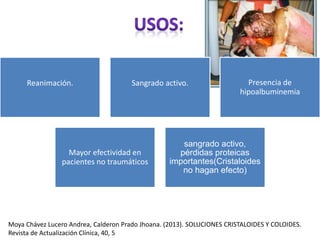 Reanimación. Sangrado activo. Presencia de
hipoalbuminemia
Mayor efectividad en
pacientes no traumáticos
sangrado activo,
pérdidas proteicas
importantes(Cristaloides
no hagan efecto)
Moya Chávez Lucero Andrea, Calderon Prado Jhoana. (2013). SOLUCIONES CRISTALOIDES Y COLOIDES.
Revista de Actualización Clínica, 40, 5
 