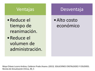 Ventajas
•Reduce el
tiempo de
reanimación.
•Reduce el
volumen de
administración.
Desventaja
•Alto costo
económico
Moya Chávez Lucero Andrea, Calderon Prado Jhoana. (2013). SOLUCIONES CRISTALOIDES Y COLOIDES.
Revista de Actualización Clínica, 40, 5
 