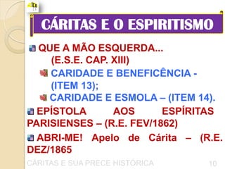 CÁRITAS E O ESPIRITISMO
  QUE A MÃO ESQUERDA...
    (E.S.E. CAP. XIII)
    CARIDADE E BENEFICÊNCIA -
    (ITEM 13);
    CARIDADE E ESMOLA – (ITEM 14).
  EPÍSTOLA       AOS      ESPÍRITAS
PARISIENSES – (R.E. FEV/1862)
  ABRI-ME! Apelo de Cárita – (R.E.
DEZ/1865
CÁRITAS E SUA PRECE HISTÓRICA   10
 