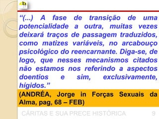“(...) A fase de transição de uma
potencialidade a outra, muitas vezes
deixará traços de passagem traduzidos,
como matizes variáveis, no arcabouço
psicológico do reencarnante. Diga-se, de
logo, que nesses mecanismos citados
não estamos nos referindo a aspectos
doentios    e    sim,  exclusivamente,
hígidos.”
(ANDRÉA, Jorge in Forças Sexuais da
Alma, pag, 68 – FEB)
CÁRITAS E SUA PRECE HISTÓRICA         9
 