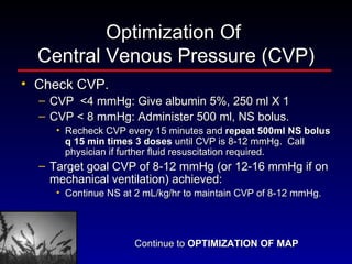 Optimization Of  Central Venous Pressure (CVP) Check CVP. CVP  <4 mmHg: Give albumin 5%, 250 ml X 1 CVP < 8 mmHg: Administer 500 ml, NS bolus. Recheck CVP every 15 minutes and  repeat 500ml NS bolus q 15 min times 3 doses  until CVP is 8-12 mmHg.  Call physician if further fluid resuscitation required. Target goal CVP of 8-12 mmHg (or 12-16 mmHg if on mechanical ventilation) achieved:  Continue NS at 2 mL/kg/hr to maintain CVP of 8-12 mmHg. Continue to  OPTIMIZATION OF MAP   
