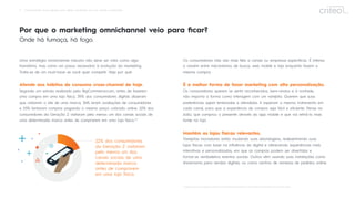 5 Omnichannel: Guia rápido para obter resultados em um mundo conectado
Por que o marketing omnichannel veio para ﬁcar?
Onde há fumaça, há fogo.
Uma estratégia omnichannel robusta não deve ser vista como algo
transitório, mas como um passo necessário à evolução do marketing.
Trata-se de um must-have se você quer competir. Veja por quê:
Atende aos hábitos de consumo cross-channel de hoje.
Segundo um estudo realizado pelo BigCommerce.com, antes de fazerem
uma compra em uma loja física, 39% dos consumidores digitais disseram
que visitaram o site de uma marca, 36% leram avaliações de consumidores
e 33% tentaram comprar pagando o mesmo preço cobrado online. 22% dos
consumidores da Geração Z visitaram pelo menos um dos canais sociais de
uma determinada marca antes de comprarem em uma loja física.**
Os consumidores não são mais ﬁéis a canais ou empresas especíﬁcas. É intenso
o vaivém entre mecanismos de busca, web mobile e loja enquanto fazem a
mesma compra.
É a melhor forma de fazer marketing com alta personalização.
Os consumidores querem se sentir reconhecidos, bem-vindos e à vontade,
não importa a forma como interagem com um varejista. Querem que suas
preferências sejam lembradas e atendidas. E esperam o mesmo tratamento em
cada canal, para que a experiência de compra seja fácil e eﬁciente. Pense no
João, que comprou o presente através do app mobile e que vai retirá-lo mais
tarde na loja.
Mantém as lojas físicas relevantes.
Varejistas inovadores estão mudando suas abordagens, redesenhando suas
lojas físicas com base na inﬂuência do digital e oferecendo experiências mais
interativas e personalizadas, em que as compras podem ser divertidas e
tornar-se verdadeiros eventos sociais. Outros vêm usando suas instalações como
showrooms para vendas digitais, ou como centros de remessa de pedidos online.
**.bigcommerce.com/blog/ecommerce-trends/#96-data-points-on-the-state-of-ecommerce-around-the-world
22% dos consumidores
da Geração Z visitaram
pelo menos um dos
canais sociais de uma
determinada marca
antes de comprarem
em uma loja física.
 