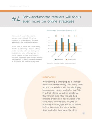 5
CRITEO ECOMMERCE INDUSTRY OUTLOOK 2015
#4 Brick-and-mortar retailers will focus
even more on online strategies
IMPLICATION
Webrooming is emerging as a stronger
trend than showrooming, and many brick-
and-mortar retailers will start deploying
beacons and tablets and offer free Wi-
Fi in their stores to further accelerate
this trend in 2015. This will also help
retailers create more touch points with
consumers, and develop insights on
how they can engage with store visitors
before they enter the store, in the
store and after they leave the store.
eCommerce will become "do or die" for
brick-and-mortar retailers in 2015 as they
experience the increasing impact of shopper
“webrooming” and “showrooming” behavior.
At least 10-15% of in-store sales can be directly
attributed to webrooming — shoppers gathering
product information online and deciding which
products to buy online but then going to the
store to make the purchase. Similarly, there’s a
contrasting showrooming trend with many shoppers
visiting the store to find, try and gather information
on the products, and eventually buying online.
Webrooming and Showrooming by Shoppers in the US
Source: GFK Futurebuy Shopping Study, October 2014
50%
40%
30%
20%
10%
0% AG
E
(18-24YRS)
AG
E
(25-35YRS)
AG
E
(50-68YRS)
AG
E
(35-49YRS)
34%
39%
46%
32%
43%
29%
30%
18%
WEBROOMING SHOWROOMING
 