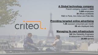 A Global technology company
French company created in 2005
3.000 employees
30 offices worldwide
R&D in Paris, Ann Arbor and Palo Alto
Providing targeted online advertising
1.2B exposed consumers per month
3B ads displayed daily
Managing its own infrastructure
140 Site Reliability Engineers
8 datacenters in 3 continents
25.000 servers
3
 