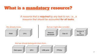 What is a mandatory resource?
RAM
A resource that is required by any task to run, i.e., a
resource that should be accounted for all tasks.
We already know... But we might also consider...
37
And we should distinguish them from...
CPU
Network
bandwidth
Disk IO
Number of
file
descriptors
GPU USB ports FPGAsDisk space
 
