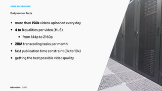 © 2017
• more than 150k videos uploaded every day
• 4 to 8 qualities per video (HLS)
• from 144p to 2160p
• 20M transcodin...