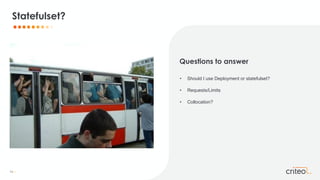 14 •
Questions to answer
• Should I use Deployment or statefulset?
• Requests/Limits
• Collocation?
Statefulset?
 