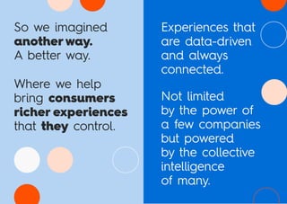 So we imagined
another way.
A better way.
Where we help
bring consumers
richer experiences
that theyucontrol.
Experiences that
are data-driven
and always
connected.
Not limited
by the power of
a few companies
but powered
by the collective
intelligence
of many.
 