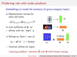 Predicting rate with scalar products
Embeddings to model the existence of genre/category/topics
Representative vectors for...