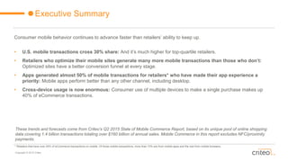 Copyright © 2015 Criteo
Executive Summary
Consumer mobile behavior continues to advance faster than retailers’ ability to ...