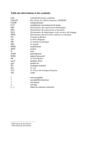 Table des abréviations et des symboles
CDI                           Cobuild Dictionary of Idioms
CDLITT                        Dix siècles de culture française, CD-ROM
COMP                          compositionnel
CCT                           complément circonstanciel de temps
DEI                           Dictionnaire des expressions idiomatiques
DEL                           Dictionnaire des expressions et locutions
DLS                           Dictionnaire de linguistique et des sciences du langage
DPM                           Dictionnaire des proverbes sentences et maximes
FO                            Franska ordboken
LB                            La libre Belgique
ME                            Le monde économique
MO                            Le monde
MOD                           modification
MOT                           motivé
N                             nom
PART                          partiellement
POSS                          adjectif possessif
PR                            Le Petit Robert
qqch1                         quelque chose
qqn2                          quelqu’un
SN                            syntagme nominal
SO                            Le soir
TLF                           Le Trésor de la langue française
VB                            verbe

*                             non acceptable
?                             acceptabilité douteuse
¤                             non attesté
§                             non figé
[…]                           (dans les citations) omission




1
    Abréviation du Petit Robert.
2
    Abréviation du Petit Robert.
 