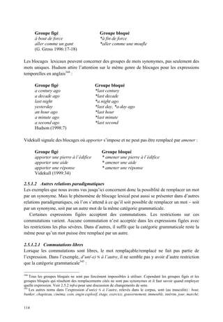 Groupe figé                              Groupe bloqué
       à bout de force                          *à fin de force
       aller comme un gant                      *aller comme une moufle
       (G. Gross 1996:17-18)

Les blocages lexicaux peuvent concerner des groupes de mots synonymes, pas seulement des
mots uniques. Hudson attire l’attention sur le même genre de blocages pour les expressions
temporelles en anglais344 :

       Groupe figé                           Groupe bloqué
       a century ago                         *last century
       a decade ago                          *last decade
       last night                            *a night ago
       yesterday                             *last day, *a day ago
       an hour ago                           *last hour
       a minute ago                          *last minute
       a second ago                          *last second
       Hudson (1998:7)

Videkull signale des blocages où apporter s’impose et ne peut pas être remplacé par amener :

       Groupe figé                               Groupe bloqué
       apporter une pierre à l’édifice           * amener une pierre à l’édifice
       apporter une aide                         * amener une aide
       apporter une réponse                      * amener une réponse
       Videkull (1999:34)

2.5.1.2 Autres relations paradigmatiques
Les exemples que nous avons vus jusqu’ici concernent donc la possiblité de remplacer un mot
par un synonyme. Mais le phénomène de blocage lexical peut aussi se présenter dans d’autres
relations paradigmatiques, où l’on s’attend à ce qu’il soit possible de remplacer un mot – soit
par un synonyme, soit par un autre mot de la même catégorie grammaticale.
   Certaines expressions figées acceptent des commutations. Les restrictions sur ces
commutations varient. Aucune commutation n’est acceptée dans les expressions figées avec
les restrictions les plus sévères. Dans d’autres, il suffit que la catégorie grammaticale reste la
même pour qu’un mot puisse être remplacé par un autre.

2.5.1.2.1 Commutations libres
Lorsque les commutations sont libres, le mot remplaçable/remplacé ne fait pas partie de
l’expression. Dans l’exemple, d’un(-e) N à l’autre, il ne semble pas y avoir d’autre restriction
que la catégorie grammaticale345 :

344
    Tous les groupes bloqués ne sont pas forcément impossibles à utiliser. Cependant les groupes figés et les
groupes bloqués qui résultent des remplacements cités ne sont pas synonymes et il faut savoir quand employer
quelle expression. Voir 2.5.2 infra pour une discussion de changements de sens.
345
    Les autres noms dans l’expression d’un(e) N à l’autre, relevés dans le corpus, sont (au masculin) : bout,
bunker, chapiteau, cinéma, coin, engin explosif, étage, exercice, gouvernement, immeuble, intérim, jour, marché,


114
 