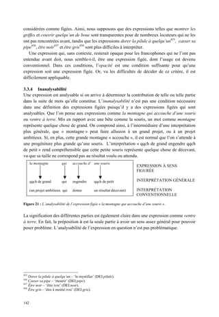 considérées comme figées. Ainsi, nous supposons que des expressions telles que montrer les
griffes et couvrir quelqu’un de boue sont transparentes pour de nombreux locuteurs qui ne les
ont pas rencontrées avant, tandis que les expressions dorer la pilule à quelqu’un435, casser sa
pipe436, être noir437 et être gris438 sont plus difficiles à interpréter.
   Une expression qui, sans contexte, resterait opaque pour les francophones qui ne l’ont pas
entendue avant doit, nous semble-t-il, être une expression figée, dont l’usage est devenu
conventionnel. Dans ces conditions, l’opacité est une condition suffisante pour qu’une
expression soit une expression figée. Or, vu les difficultés de décider de ce critère, il est
difficilement appliquable.

3.3.4 Inanalysabilité
Une expression est analysable si on arrive à déterminer la contribution de telle ou telle partie
dans la suite de mots qu’elle constitue. L’inanalysabilité n’est pas une condition nécessaire
dans une définition des expressions figées puisqu’il y a des expressions figées qui sont
analysables. Que l’on pense aux expressions comme la montagne qui accouche d’une souris
ou ventre à terre. Mis en rapport avec une bête comme la souris, un mot comme montagne
représente quelque chose de grand. On comprend ainsi, à l’intermédiaire d’une interprétation
plus générale, que « montagne » peut faire allusion à un grand projet, ou à un projet
ambitieux. Si, en plus, cette grande montagne « accouche », il est normal que l’on s’attende à
une progéniture plus grande qu’une souris. L’interprétation « qqch de grand engendre qqch
de petit » rend compréhensible que cette petite souris représente quelque chose de décevant,
vu que sa taille ne correspond pas au résultat voulu ou attendu.
      la montagne         qui    accouche d’ une souris
                                                                         EXPRESSION À SENS
                                                                         FIGURÉE

      qqch de grand       qui    engendre       qqch de petit            INTERPRÉTATION GÉNÉRALE

      (un projet ambitieux qui   donne          un résultat décevant)    INTERPRÉTATION
                                                                         CONVENTIONNELLE

Figure 21 : L’analysabilité de l’expression figée « la montagne qui accouche d’une souris ».


La signification des différentes parties est également claire dans une expression comme ventre
à terre. En fait, la préposition à est la seule partie à avoir un sens assez général pour pouvoir
poser problème. L’analysabilité de l’expression en question n’est pas problématique.




435
    Dorer la pilule à quelqu’un – ‘le mystifier’ (DEI:pilule).
436
    Casser sa pipe – ‘mourir’ (DEI:pipe).
437
    Être noir – ‘être ivre’ (DEI:noir).
438
    Être gris - ‘être à moitié ivre’ (DEI:gris).


142
 