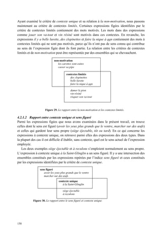 Ayant examiné le critère de contexte unique et sa relation à la non-motivation, nous passons
maintenant au critère de contextes limités. Certaines expressions figées identifiées par le
critère de contextes limités contiennent des mots motivés. Les mots dans des expressions
comme jouer son va-tout et vin résiné sont motivés dans ces contextes. En revanche, les
expressions il y a belle lurette, des clopinettes et faire la nique à qqn contiennent des mots à
contextes limités qui ne sont pas motivés, parce qu’ils n’ont pas de sens connu qui contribue
au sens de l’expression figée dont ils font partie. La relation entre les critères de contextes
limités et de non-motivation peut être représentée par des ensembles qui se chevauchent.

                              non-motivation
                                 les carottes sont cuites
                                 casser sa pipe

                                         contextes limités
                                            des clopinettes
                                            belle lurette
                                            faire la nique à qqn

                                             damer le pion
                                             vin résiné
                                             risquer son va-tout



                      Figure 29. Le rapport entre la non-motivation et les contextes limités.

4.2.1.2 Rapport entre contexte unique et sens figuré
Parmi les expressions figées que nous avons examinées dans le présent travail, on trouve
celles dont le sens est figuré (avoir les yeux plus grands que le ventre, marcher sur des œufs)
et celles qui gardent leur sens propre (siège éjectable, tôt ou tard). En ce qui concerne les
expressions à contexte unique, on retrouve parmi elles des expressions des deux types. Dans
la plupart des cas il est difficile d’établir, sans contexte, quel est le sens actuel de l’expression
employée.
   Les deux exemples siège éjectable et à reculons s’emploient normalement au sens propre.
L’expression à contexte unique à la Saint-Glinglin a un sens figuré. Il y a une intersection des
ensembles constitués par les expressions repérées par l’indice sens figuré et ceux constitués
par les expressions identifiées par le critère de contexte unique.

                  sens figuré
                     avoir les yeux plus grands que le ventre
                     marcher sur des œufs
                                  contexte unique
                                     à la Saint-Glinglin

                                      siège éjectable
                                      à reculons

            Figure 30. Le rapport entre le sens figuré et contexte unique.




150
 