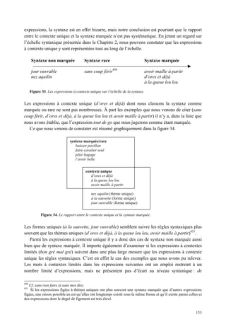expressions, la syntaxe est en effet bizarre, mais notre conclusion est pourtant que le rapport
entre le contexte unique et la syntaxe marquée n’est pas systématique. En jetant un regard sur
l’échelle syntaxique présentée dans le Chapitre 2, nous pouvons constater que les expressions
à contexte unique y sont représentées tout au long de l’échelle.

      Syntaxe non marquée               Syntaxe rare                              Syntaxe marquée

      jour ouvrable                     sans coup férir450                        avoir maille à partir
      nez aquilin                                                                 d’ores et déjà
                                                                                  à la queue leu leu
      Figure 33. Les expressions à contexte unique sur l’échelle de la syntaxe.


Les expressions à contexte unique (d’ores et déjà) dont nous classons la syntaxe comme
marquée ou rare ne sont pas nombreuses. À part les exemples que nous venons de citer (sans
coup férir, d’ores et déjà, à la queue leu leu et avoir maille à partir) il n’y a, dans la liste que
nous avons établie, que l’expression tout de go que nous jugerons comme étant marquée.
  Ce que nous venons de constater est résumé graphiquement dans la figure 34.

                               syntaxe marquée/rare
                                  baisser pavillon
                                  faire cavalier seul
                                  plier bagage
                                  l’avoir belle


                                         contexte unique
                                            d’ores et déjà
                                            à la queue leu leu
                                            avoir maille à partir

                                             nez aquilin (thème unique)
                                             à la sauvette (forme unique)
                                             jour ouvrable (forme unique)


             Figure 34. Le rapport entre le contexte unique et la syntaxe marquée.


Les formes uniques (à la sauvette, jour ouvrable) semblent suivre les règles syntaxiques plus
souvent que les thèmes uniques (d’ores et déjà, à la queue leu leu, avoir maille à partir)451.
   Parmi les expressions à contexte unique il y a donc des cas de syntaxe non marquée aussi
bien que de syntaxe marquée. Il importe également d’examiner si les expressions à contextes
limités (bon gré mal gré) suivent dans une plus large mesure que les expressions à contexte
unique les règles syntaxiques. C’est en effet le cas des exemples que nous avons pu relever.
Les mots à contextes limités dans les expressions suivantes ont un emploi restreint à un
nombre limité d’expressions, mais ne présentent pas d’écart au niveau syntaxique : de

450
   Cf. sans rien faire et sans mot dire.
451
    Si les expressions figées à thèmes uniques ont plus souvent une syntaxe marquée que d’autres expressions
figées, une raison possible en est qu’elles ont longtemps existé sous la même forme et qu’il existe parmi celles-ci
des expressions dont le degré de figement est très élevé.


                                                                                                               153
 