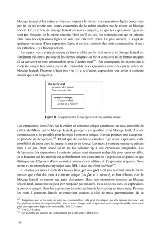 blocage lexical et les autres critères est toujours la même : les expressions figées concernées
par tel ou tel critère sont toutes concernées de la même manière par le critère de blocage
lexical. Or, le critère de blocage lexical est assez complexe, vu que les expressions figées ne
sont pas bloquées de la même manière. Quoi qu’il en soit, les commutations qui se laissent
faire dans les expressions figées ne sont que rarement libres. Le plus souvent, il s’agit de
quelques variantes d’une expression figée, si celle-ci contient des mots commutables. À part
les variantes, il y a blocage lexical.
   Le rapport entre contexte unique (d’ores et déjà, au fur et à mesure) et blocage lexical est
forcément très étroit, puisque ni les thèmes uniques (au fur et à mesure) ni les formes uniques
(à la sauvette) ne sont commutables avec d’autres mots461. Par conséquent, les expressions à
contexte unique font toutes partie de l’ensemble des expressions identifiées par le critère de
blocage lexical, l’inverse n’étant pas vrai (il y a d’autres expressions que celles à contexte
unique qui sont bloquées).

                          blocage lexical
                             au cours de l’année
                             *au cours de l’an

                                contexte unique
                                   d’ores et déjà
                                   au fur et à mesure



                        Figure 36. Le rapport entre le blocage lexical et le contexte unique.


Les expressions identifiées par le critère de contexte unique constituent un sous-ensemble de
celles identifiées par le blocage lexical, puisqu’il est question d’un blocage total. Aucune
commutation n’est possible pour les mots à contexte unique. Il existe pourtant une exception :
le procédé de défigement462. Plutôt que de cacher le caractère figé d’une expression, cette
possibilité de jouer avec la langue le met en évidence. Les mots à contexte unique se prêtent
bien à ce jeu, étant donné qu’on ne fait allusion qu’à une expression imaginable. Les
défigements des expressions à contexte unique sont sûrement recherchés pour créer un effet,
et le locuteur qui les emploie est probablement très conscient de l’expression originale, ce qui
distingue un défigement d’une variante communément utilisée de l’expression originale. Nous
avons vu un exemple paronymique dans DEL : dans ma Ford intérieur463.
    L’emploi des mots à contextes limités (bon gré mal gré) n’est pas restreint dans la même
mesure que celui des mots à contexte unique (au fur et à mesure), et leur relation avec le
blocage lexical ne ressort pas aussi clairement. Dans une expression soumise au blocage
lexical total, aucun mot ne peut être remplacé par un autre. Cela est le cas dans les expressions
à contexte unique. Dans les expressions à contextes limités la situation est toute autre. Puisque
les mots à contextes limités se retrouvent souvent à côté de mots grammaticaux, ils se
461
    Rappelons que si les mots ne sont pas commutables, cela peut s’expliquer par des raisons diverses : soit
l’expression devient incompréhensible, soit le sens change, soit l’expression reste compréhensible, mais n’est
plus une expression figée conventionnelle. Voir 2.5 supra.
462
    Voir 2.5.4 supra.
463
    Cet exemple est qualifié de « plaisanterie par à-peu-près » (DEL:for).


156
 