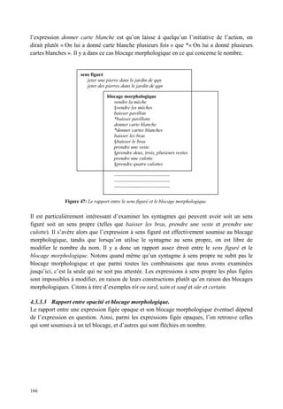 l’expression donner carte blanche est qu’on laisse à quelqu’un l’initiative de l’action, on
dirait plutôt « On lui a donné carte blanche plusieurs fois » que *« On lui a donné plusieurs
cartes blanches ». Il y a dans ce cas blocage morphologique en ce qui concerne le nombre.


                      sens figuré
                         jeter une pierre dans le jardin de qqn
                         jeter des pierres dans le jardin de qqn

                                    blocage morphologique
                                       vendre la mèche
                                       §vendre les mèches
                                       baisser pavillon
                                       *baisser pavillons
                                       donner carte blanche
                                       *donner cartes blanches
                                       baisser les bras
                                       §baisser le bras
                                       prendre une veste
                                       §prendre deux, trois, plusieurs vestes
                                       prendre une culotte
                                       §prendre quatre culottes

                                       ----------------------------------
                                       ----------------------------------
                                       ----------------------------------


               Figure 47: Le rapport entre le sens figuré et le blocage morphologique.


Il est particulièrement intéressant d’examiner les syntagmes qui peuvent avoir soit un sens
figuré soit un sens propre (telles que baisser les bras, prendre une veste et prendre une
culotte). Il s’avère alors que l’expression à sens figuré est effectivement soumise au blocage
morphologique, tandis que lorsqu’on utilise le syntagme au sens propre, on est libre de
modifier le nombre du nom. Il y a donc un rapport assez étroit entre le sens figuré et le
blocage morphologique. Notons quand même qu’un syntagme à sens propre ne subit pas le
blocage morphologique et que parmi toutes les combinaisons que nous avons examinées
jusqu’ici, c’est la seule qui ne soit pas attestée. Les expressions à sens propre les plus figées
sont impossibles à modifier, en raison de leurs constructions plutôt qu’en raison des blocages
morphologiques. Citons à titre d’exemples tôt ou tard, sain et sauf et sûr et certain.

4.3.3.3 Rapport entre opacité et blocage morphologique.
Le rapport entre une expression figée opaque et son blocage morphologique éventuel dépend
de l’expression en question. Ainsi, parmi les expressions figée opaques, l’on retrouve celles
qui sont soumises à un tel blocage, et d’autres qui sont fléchies en nombre.




166
 