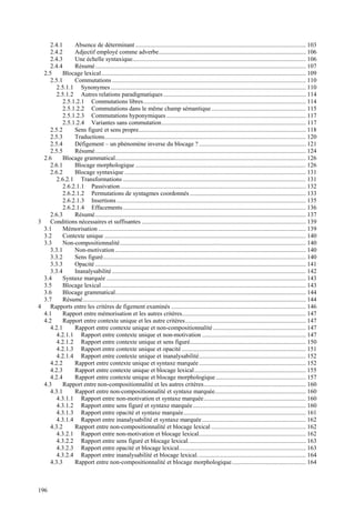 2.4.1     Absence de déterminant .............................................................................................................. 103
    2.4.2     Adjectif employé comme adverbe............................................................................................... 106
    2.4.3     Une échelle syntaxique................................................................................................................ 106
    2.4.4     Résumé........................................................................................................................................ 107
 2.5     Blocage lexical .................................................................................................................................... 109
    2.5.1     Commutations ............................................................................................................................. 110
      2.5.1.1 Synonymes .............................................................................................................................. 110
      2.5.1.2 Autres relations paradigmatiques ............................................................................................ 114
         2.5.1.2.1 Commutations libres......................................................................................................... 114
         2.5.1.2.2 Commutations dans le même champ sémantique ............................................................. 115
         2.5.1.2.3 Commutations hyponymiques .......................................................................................... 117
         2.5.1.2.4 Variantes sans commutation............................................................................................. 117
    2.5.2     Sens figuré et sens propre............................................................................................................ 118
    2.5.3     Traductions.................................................................................................................................. 120
    2.5.4     Défigement – un phénomène inverse du blocage ? ..................................................................... 121
    2.5.5     Résumé........................................................................................................................................ 124
 2.6     Blocage grammatical........................................................................................................................... 126
    2.6.1     Blocage morphologique .............................................................................................................. 126
    2.6.2     Blocage syntaxique ..................................................................................................................... 131
      2.6.2.1 Transformations ...................................................................................................................... 131
         2.6.2.1.1 Passivation........................................................................................................................ 132
         2.6.2.1.2 Permutations de syntagmes coordonnés ........................................................................... 133
         2.6.2.1.3 Insertions .......................................................................................................................... 135
         2.6.2.1.4 Effacements ...................................................................................................................... 136
    2.6.3     Résumé........................................................................................................................................ 137
3 Conditions nécessaires et suffisantes .......................................................................................................... 139
 3.1     Mémorisation ...................................................................................................................................... 139
 3.2     Contexte unique .................................................................................................................................. 140
 3.3     Non-compositionnalité ........................................................................................................................ 140
    3.3.1     Non-motivation ........................................................................................................................... 140
    3.3.2     Sens figuré................................................................................................................................... 140
    3.3.3     Opacité ........................................................................................................................................ 141
    3.3.4     Inanalysabilité ............................................................................................................................. 142
 3.4     Syntaxe marquée ................................................................................................................................. 143
 3.5     Blocage lexical .................................................................................................................................... 143
 3.6     Blocage grammatical........................................................................................................................... 144
 3.7     Résumé................................................................................................................................................ 144
4 Rapports entre les critères de figement examinés ....................................................................................... 146
 4.1     Rapport entre mémorisation et les autres critères................................................................................ 147
 4.2     Rapport entre contexte unique et les autre critères.............................................................................. 147
    4.2.1     Rapport entre contexte unique et non-compositionnalité ............................................................ 147
      4.2.1.1 Rapport entre contexte unique et non-motivation ................................................................... 147
      4.2.1.2 Rapport entre contexte unique et sens figuré........................................................................... 150
      4.2.1.3 Rapport entre contexte unique et opacité ................................................................................ 151
      4.2.1.4 Rapport entre contexte unique et inanalysabilité..................................................................... 152
    4.2.2     Rapport entre contexte unique et syntaxe marquée ..................................................................... 152
    4.2.3     Rapport entre contexte unique et blocage lexical........................................................................ 155
    4.2.4     Rapport entre contexte unique et blocage morphologique .......................................................... 157
 4.3     Rapport entre non-compositionnalité et les autres critères.................................................................. 160
    4.3.1     Rapport entre non-compositionnalité et syntaxe marquée........................................................... 160
      4.3.1.1 Rapport entre non-motivation et syntaxe marquée.................................................................. 160
      4.3.1.2 Rapport entre sens figuré et syntaxe marquée ......................................................................... 160
      4.3.1.3 Rapport entre opacité et syntaxe marquée............................................................................... 161
      4.3.1.4 Rapport entre inanalysabilité et syntaxe marquée ................................................................... 162
    4.3.2     Rapport entre non-compositionnalité et blocage lexical ............................................................. 162
      4.3.2.1 Rapport entre non-motivation et blocage lexical..................................................................... 162
      4.3.2.2 Rapport entre sens figuré et blocage lexical............................................................................ 163
      4.3.2.3 Rapport entre opacité et blocage lexical.................................................................................. 163
      4.3.2.4 Rapport entre inanalysabilité et blocage lexical. ..................................................................... 164
    4.3.3     Rapport entre non-compositionnalité et blocage morphologique................................................ 164



196
 