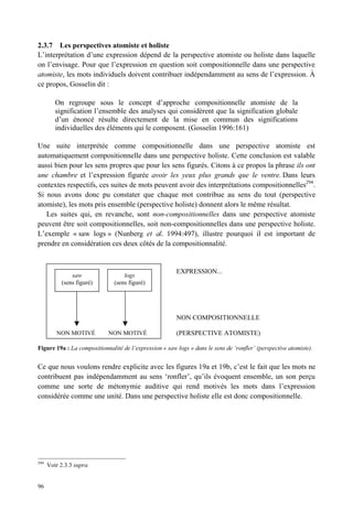 2.3.7 Les perspectives atomiste et holiste
L’interprétation d’une expression dépend de la perspective atomiste ou holiste dans laquelle
on l’envisage. Pour que l’expression en question soit compositionnelle dans une perspective
atomiste, les mots individuels doivent contribuer indépendamment au sens de l’expression. À
ce propos, Gosselin dit :

         On regroupe sous le concept d’approche compositionnelle atomiste de la
         signification l’ensemble des analyses qui considèrent que la signification globale
         d’un énoncé résulte directement de la mise en commun des significations
         individuelles des éléments qui le composent. (Gosselin 1996:161)

Une suite interprétée comme compositionnelle dans une perspective atomiste est
automatiquement compositionnelle dans une perspective holiste. Cette conclusion est valable
aussi bien pour les sens propres que pour les sens figurés. Citons à ce propos la phrase ils ont
une chambre et l’expression figurée avoir les yeux plus grands que le ventre. Dans leurs
contextes respectifs, ces suites de mots peuvent avoir des interprétations compositionnelles294.
Si nous avons donc pu constater que chaque mot contribue au sens du tout (perspective
atomiste), les mots pris ensemble (perspective holiste) donnent alors le même résultat.
   Les suites qui, en revanche, sont non-compositionnelles dans une perspective atomiste
peuvent être soit compositionnelles, soit non-compositionnelles dans une perspective holiste.
L’exemple « saw logs » (Nunberg et al. 1994:497), illustre pourquoi il est important de
prendre en considération ces deux côtés de la compositionnalité.


                                                        EXPRESSION...
               saw                 logs
           (sens figuré)       (sens figuré)




                                                        NON COMPOSITIONNELLE

         NON MOTIVÉ         NON MOTIVÉ                  (PERSPECTIVE ATOMISTE)

Figure 19a : La compositionnalité de l’expression « saw logs » dans le sens de ‘ronfler’ (perspective atomiste).


Ce que nous voulons rendre explicite avec les figures 19a et 19b, c’est le fait que les mots ne
contribuent pas indépendamment au sens ‘ronfler’, qu’ils évoquent ensemble, un son perçu
comme une sorte de métonymie auditive qui rend motivés les mots dans l’expression
considérée comme une unité. Dans une perspective holiste elle est donc compositionnelle.




294
      Voir 2.3.3 supra.


96
 