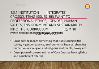 1.3.1 INSTITUTION INTEGRATES
CROSSCUTTING ISSUES RELEVANT TO
PROFESSIONAL ETHICS, GENDER, HUMAN
VALUES, ENVIRONMENT AND SUSTAINABILITY
INTO THE CURRICULUM (QLM 10
UG/PG/AUTO.)
IQAC Cluster India
(Write description in maximum 500 words)
• Cross cutting means something that is disturbing in the
society – gender balance, environmental hazards, changing
human values, religion and religious sentiments, dowry etc.
• Description of courses and list of Core Courses from syllabus
and enrichment offered.
 