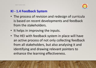 KI - 1.4 Feedback System
• The process of revision and redesign of curricula
is based on recent developments and feedback
from the stakeholders.
• It helps in improving the inputs.
• The HEI with feedback system in place will have
an active process of not only collecting feedback
from all stakeholders, but also analysing it and
identifying and drawing relevant pointers to
enhance the learning effectiveness.
IQAC Cluster India
 