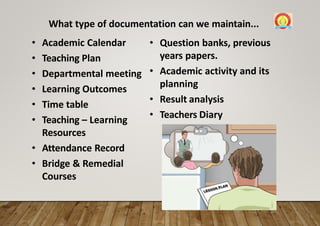 • Academic Calendar
• Teaching Plan
• Departmental meeting
• Learning Outcomes
• Time table
• Teaching – Learning
Resources
• Attendance Record
• Bridge & Remedial
Courses
What type of documentation can we maintain...
• Question banks, previous
years papers.
• Academic activity and its
planning
• Result analysis
• Teachers Diary
 
