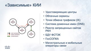 «Зависимые» КИИ
• Удостоверяющие центры
• Облачные сервисы
• Точки обмена трафиком (IX)
• Система доменных имен (DNS)
• Реестр запрещенных сайтов
РКН
• БДУ ФСТЭК
• ГосСОПКА
• Магистральные и мобильные
операторы связи
 