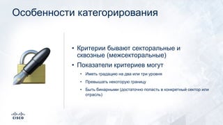 Особенности категорирования
!
• Критерии бывают секторальные и
сквозные (межсекторальные)
• Показатели критериев могут
• Иметь градацию на два или три уровня
• Превышать некоторую границу
• Быть бинарными (достаточно попасть в конкретный сектор или
отрасль)
 