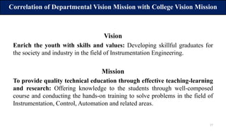 17
Correlation of Departmental Vision Mission with College Vision Mission
Vision
Enrich the youth with skills and values: Developing skillful graduates for
the society and industry in the field of Instrumentation Engineering.
Mission
To provide quality technical education through effective teaching-learning
and research: Offering knowledge to the students through well-composed
course and conducting the hands-on training to solve problems in the field of
Instrumentation, Control, Automation and related areas.
 