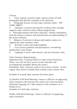 Criteria
1. Clear, logical, assertive topic sentence (first of each
paragraph) that directly responds to the question.
2. Paragraph focuses on only topic sentence claim – NO
TOPIC DRIFT.
3. Adequate, accurate and specific evidence that strongly
supports topic sentence claim without plagiarizing.
4. Thorough analysis that flows logically, without redundancy,
from the chosen evidence and demonstrates an understanding of
the source material.
5. Balance of relevant evidence and student analysis to
support the topic sentence claim.
6. Writing is clear and understandable.
7. Uses correct grammar and punctuation, considering
handwritten exam format.
8. Language is active and concise, and uses business style.
Topic Sentence Requirements
Important Note: Creating Effective Topic Claim Sentences
(Note: you will not have access to this reminder and
accompanying examples during the exam.)
Remember, topic sentences need to be assertive claims. In this
regard, they need to include both evidence and a reason why.
Example of a good topic sentence has three parts:
(A.)Netflix CEO Reed Hastings’ memo is effective in appeasing
upset customers (B.) because the memo uses conversational,
emotional language (C.) that connects with customers on a
human level.
Example of a bad topic sentence:
Netflix CEO Reed Hastings’ memo is effective in appeasing
upset customers.
 