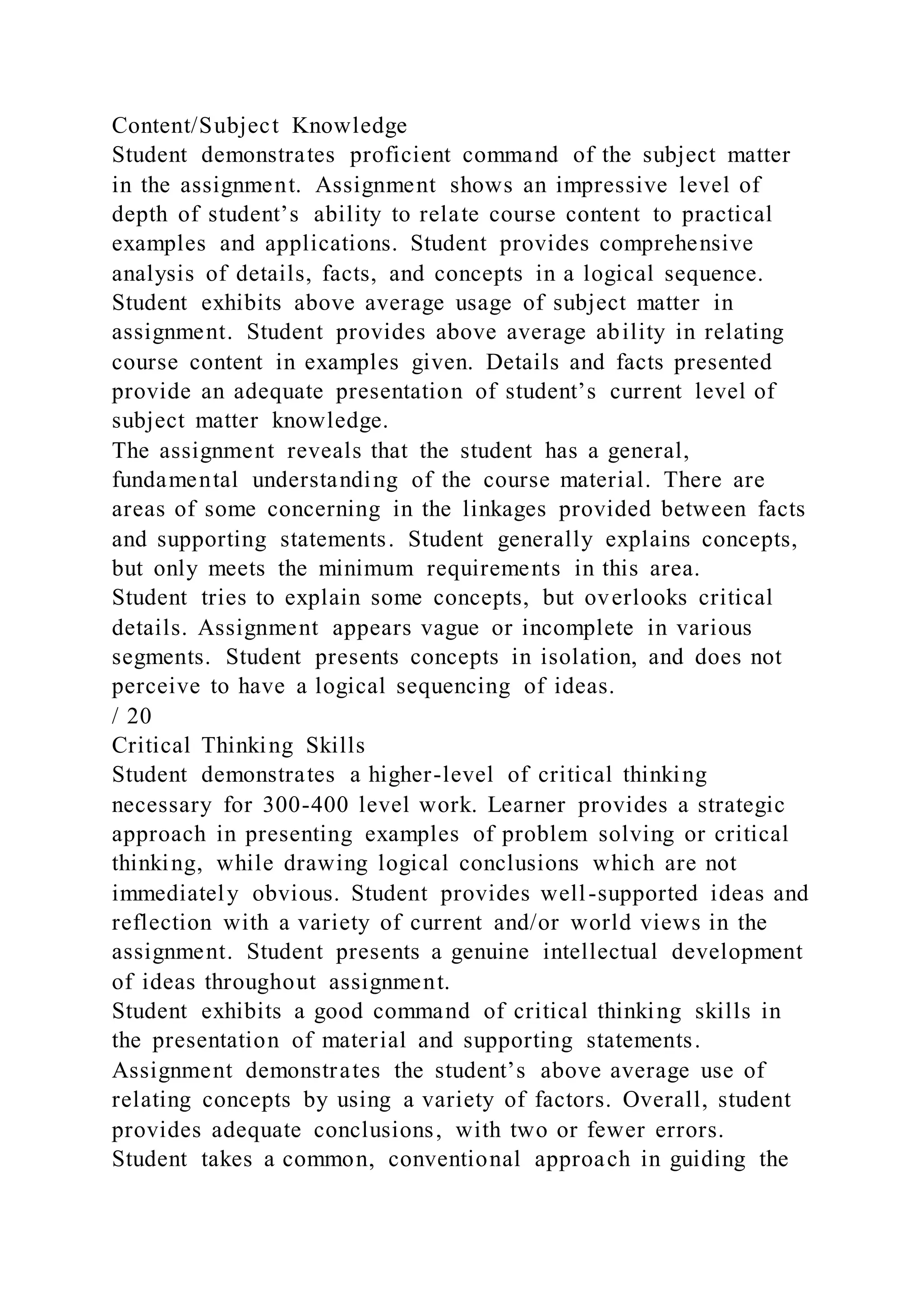 Content/Subject Knowledge
Student demonstrates proficient command of the subject matter
in the assignment. Assignment shows an impressive level of
depth of student’s ability to relate course content to practical
examples and applications. Student provides comprehensive
analysis of details, facts, and concepts in a logical sequence.
Student exhibits above average usage of subject matter in
assignment. Student provides above average ability in relating
course content in examples given. Details and facts presented
provide an adequate presentation of student’s current level of
subject matter knowledge.
The assignment reveals that the student has a general,
fundamental understanding of the course material. There are
areas of some concerning in the linkages provided between facts
and supporting statements. Student generally explains concepts,
but only meets the minimum requirements in this area.
Student tries to explain some concepts, but overlooks critical
details. Assignment appears vague or incomplete in various
segments. Student presents concepts in isolation, and does not
perceive to have a logical sequencing of ideas.
/ 20
Critical Thinking Skills
Student demonstrates a higher-level of critical thinking
necessary for 300-400 level work. Learner provides a strategic
approach in presenting examples of problem solving or critical
thinking, while drawing logical conclusions which are not
immediately obvious. Student provides well-supported ideas and
reflection with a variety of current and/or world views in the
assignment. Student presents a genuine intellectual development
of ideas throughout assignment.
Student exhibits a good command of critical thinking skills in
the presentation of material and supporting statements.
Assignment demonstrates the student’s above average use of
relating concepts by using a variety of factors. Overall, student
provides adequate conclusions, with two or fewer errors.
Student takes a common, conventional approach in guiding the
 