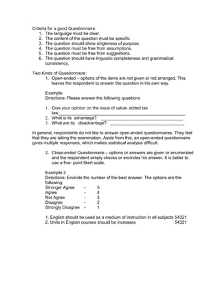 Questionaire Example Good Examples Of Questionnaires For Students