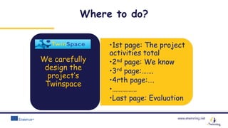 www.etwinning.net
•1st page: The project
activities total
•2nd page: We know
•3rd page:…….
•4rth page:….
•……………
•Last page: Evaluation
We carefully
design the
project’s
Twinspace
Where to do?
 