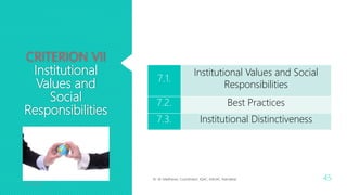 CRITERION VII
Institutional
Values and
Social
Responsibilities
Dr. M. Madhavan, Coordinator, IQAC, AAGAC, Namakkal 45
7.1.
Institutional Values and Social
Responsibilities
7.2. Best Practices
7.3. Institutional Distinctiveness
This Photo
 