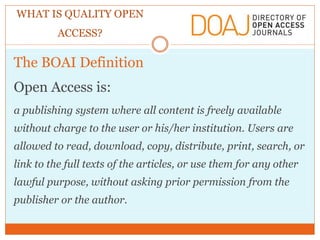 Boai Criteria for open access publishing and indexing in DOAJ | PPTX