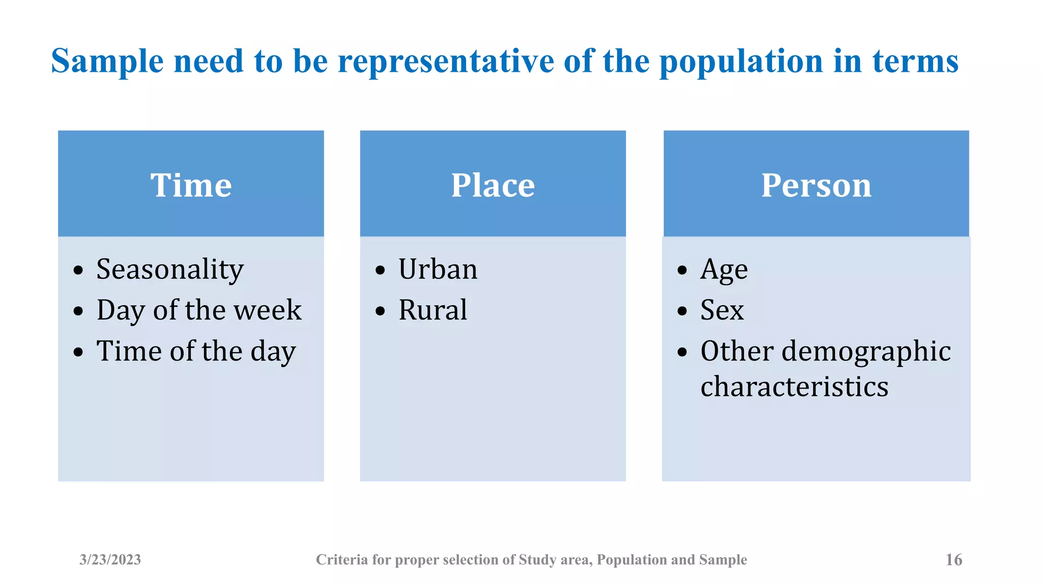 Sample need to be representative of the population in terms
Time
• Seasonality
• Day of the week
• Time of the day
Place
• Urban
• Rural
Person
• Age
• Sex
• Other demographic
characteristics
3/23/2023 16
Criteria for proper selection of Study area, Population and Sample
 