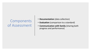 Components
of Assessment
• Documentation (data collection)
• Evaluation (comparison to a standard)
• Communication with family (sharing both
progress and performance)
 