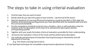 The steps to take in using criterial evaluation
1. Find the topic that you want to teach
2. Decide what do you want the pupils to learn (results - ) by the end of the lesson
3. Take the Standards of Learning Efficiency/Competency issued by the MoF in 2012 align the
finalities of the teaching-learning process you have identified with the textbook tasks and with
the curriculum/standards.
4. Put the competency standards (criteria) into a checklist, rubric or self-evaluation sheet for
students write the description of the level of its achievement (descriptor) and the
corresponding qualifier
5. Together with your pupils formulate criteria of evaluation accessible for their understanding
6. Announce the evaluation criteria of the result and the performance descriptors
7. Use methods and techniques of evaluation-learning focussing on interactivity and self
adjustment of learning
(E.g. The sheets Learning how to learn)
8. Use feed-back techniques for immediate and permanent adjustment of learning
 