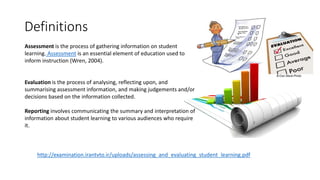 Definitions
Assessment is the process of gathering information on student
learning. Assessment is an essential element of education used to
inform instruction (Wren, 2004).
Evaluation is the process of analysing, reflecting upon, and
summarising assessment information, and making judgements and/or
decisions based on the information collected.
Reporting involves communicating the summary and interpretation of
information about student learning to various audiences who require
it.
http://examination.irantvto.ir/uploads/assessing_and_evaluating_student_learning.pdf
 