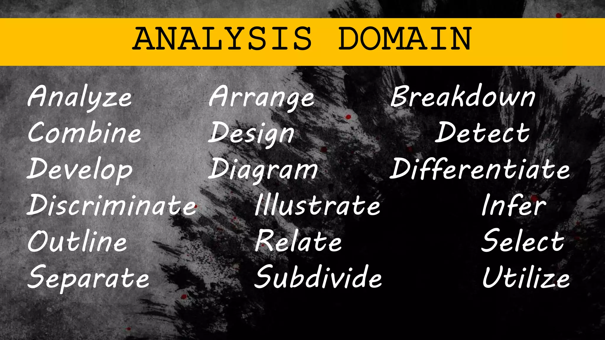ANALYSIS DOMAIN
Analyze Arrange Breakdown
Combine Design Detect
Develop Diagram Differentiate
Discriminate Illustrate Infer
Outline Relate Select
Separate Subdivide Utilize
 