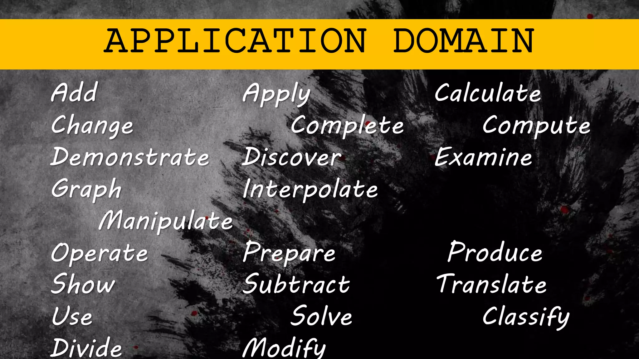 APPLICATION DOMAIN
Add Apply Calculate
Change Complete Compute
Demonstrate Discover Examine
Graph Interpolate
Manipulate
Operate Prepare Produce
Show Subtract Translate
Use Solve Classify
Divide Modify
 