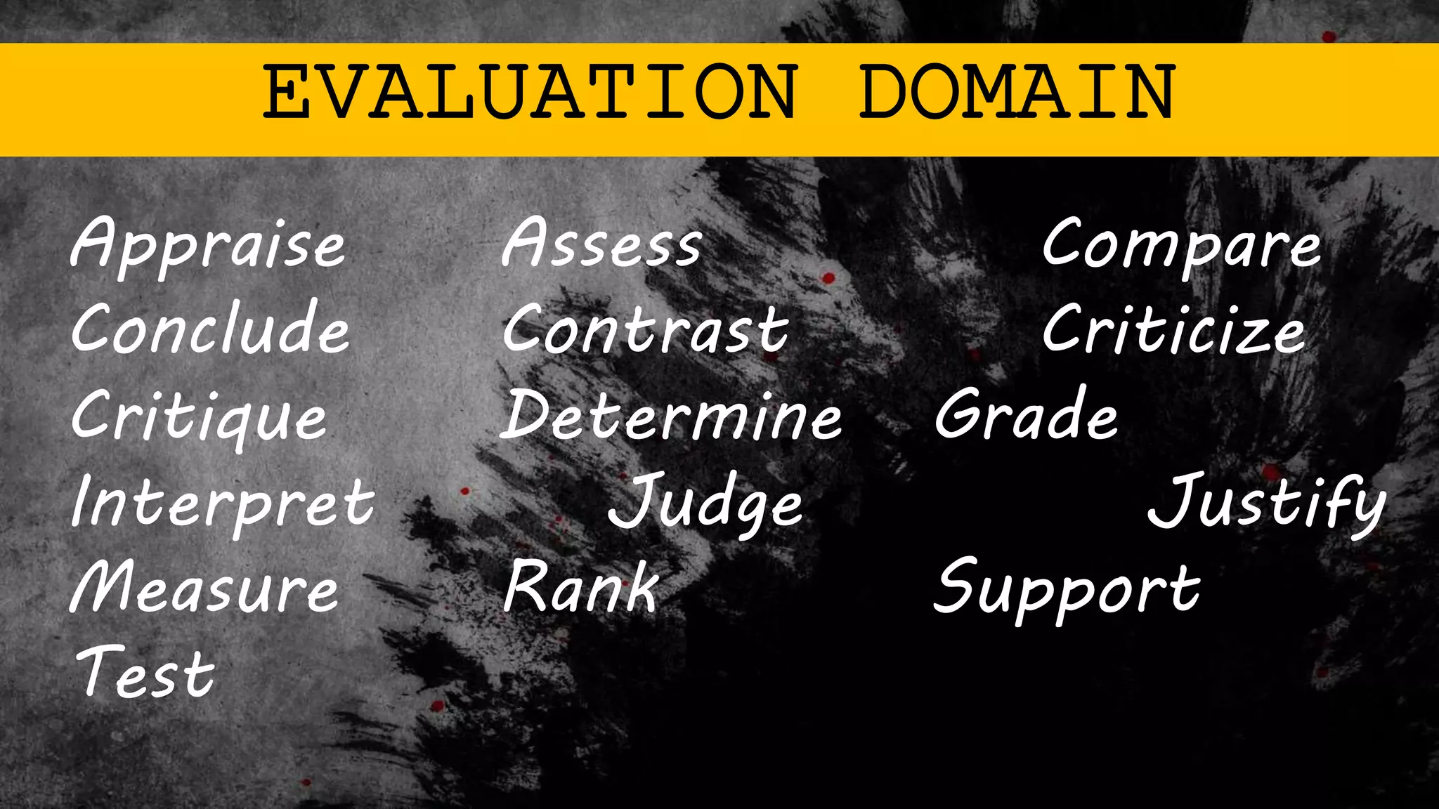 EVALUATION DOMAIN
Appraise Assess Compare
Conclude Contrast Criticize
Critique Determine Grade
Interpret Judge Justify
Measure Rank Support
Test
 