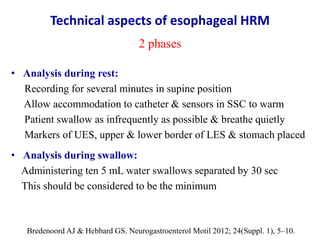 Technical aspects of esophageal HRM
2 phases
• Analysis during rest:
Recording for several minutes in supine position
Allo...
