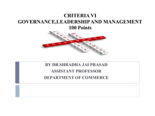 CRITERIA VI
GOVERNANCE,LEADERSHIPAND MANAGEMENT
100 Points
BY DR.SHRADHA JAI PRASAD
ASSISTANT PROFESSOR
DEPARTMENT OF COMMERCE
 