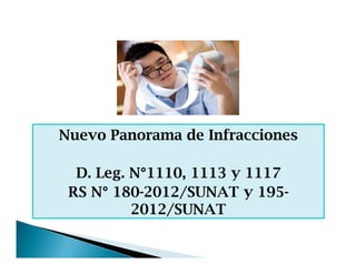 Nuevo Panorama de Infracciones
D. Leg. N°1110, 1113 y 1117
RS N° 180-2012/SUNAT y 195-
2012/SUNAT
 