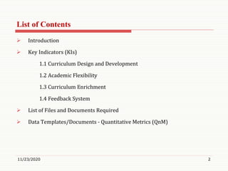 List of Contents
11/23/2020 2
 Introduction
 Key Indicators (KIs)
1.1 Curriculum Design and Development
1.2 Academic Flexibility
1.3 Curriculum Enrichment
1.4 Feedback System
 List of Files and Documents Required
 Data Templates/Documents - Quantitative Metrics (QnM)
 