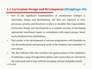 1.1 Curriculum Design and Development (Weightage-50)
 One of the significant responsibilities of Autonomous Colleges is
Curriculum Design and Development and thus are expected to have
processes, systems and structures in place to shoulder this responsibility.
Curriculum Design and Development is a complex process of developing
appropriate need-based inputs in consultation with expert groups, based
on the feedback from stakeholders.
 This results in the development of relevant programmes with flexibility to
suit the professional and personal needs of the students and realization of
core values.
 The Key Indicator (KI) also considers the good practices of the institution
in initiating a range of programme options and courses that are relevant to
the local needs and in tune with the emerging national and global trends.
11/23/2020 6
 